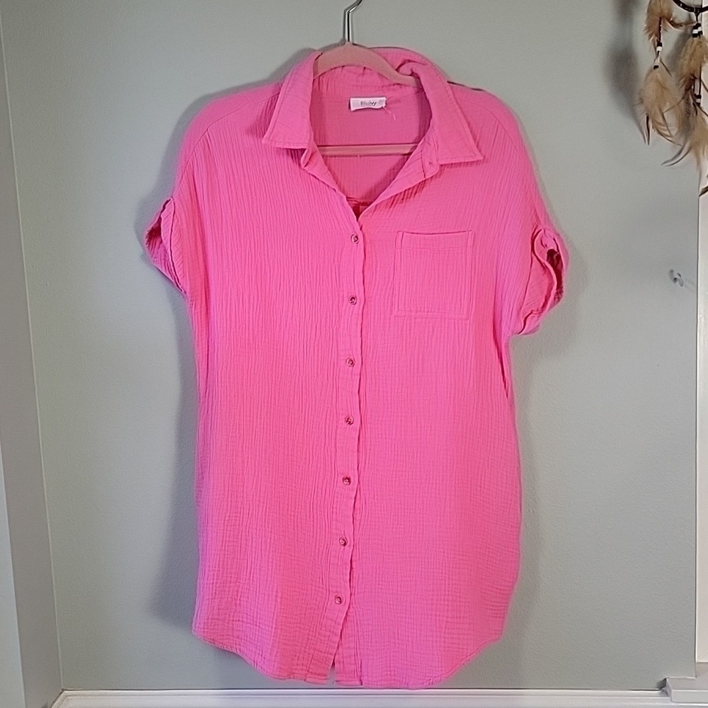 Pink Crinkle cotton short sleeved button front shirt dress